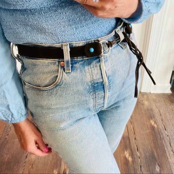 Brown Microsuede Turquoise Beads Fringe Tie Belt Adjustable Sizing 47” total - Picture 3 of 12